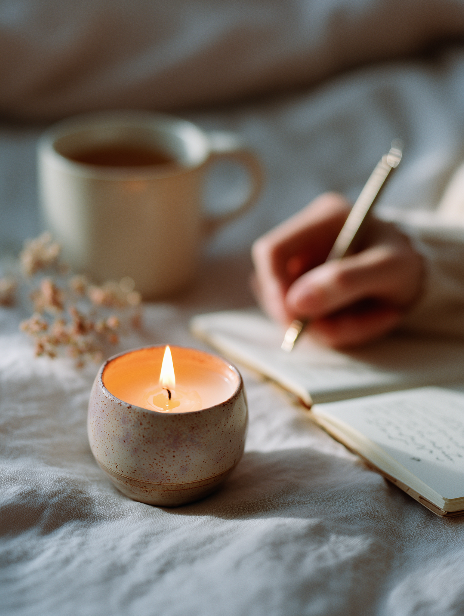 Journaling beside a candle and a warm drink